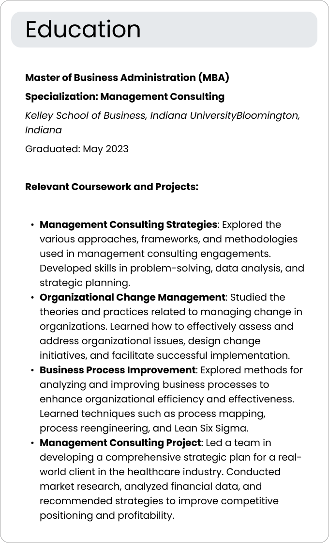 Example of the education section of an MBA resume for a candidate with a specialization in management consulting.