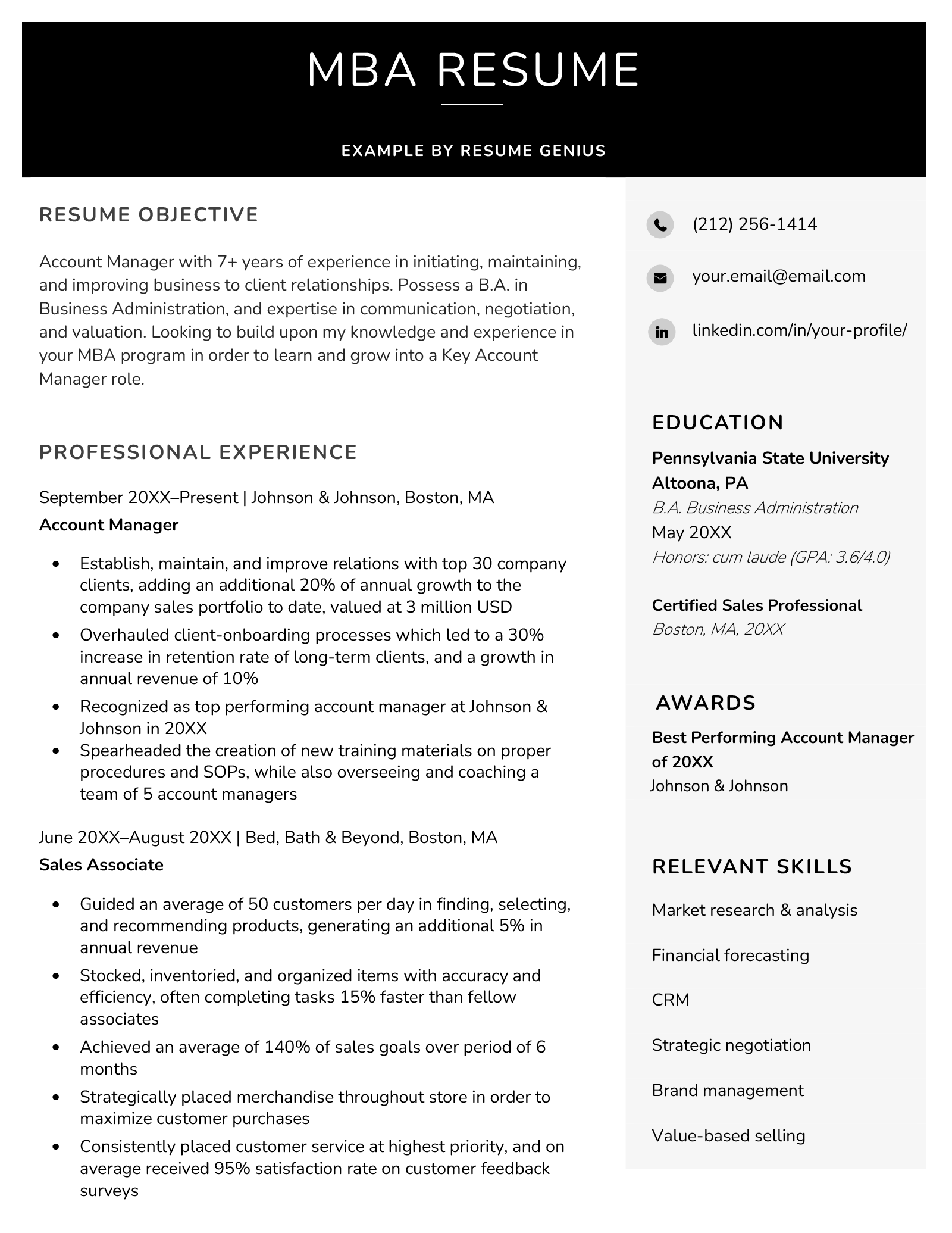 resume sample for mba student