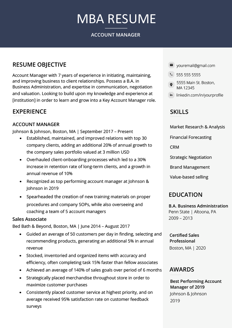 An example of an MBA resume featuring a classic navy header and gray sidebar