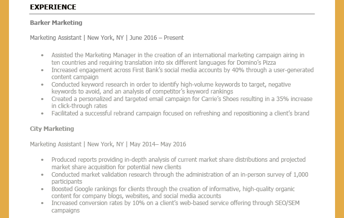 An example of a well-written work experience section on a resume made in Microsoft Word