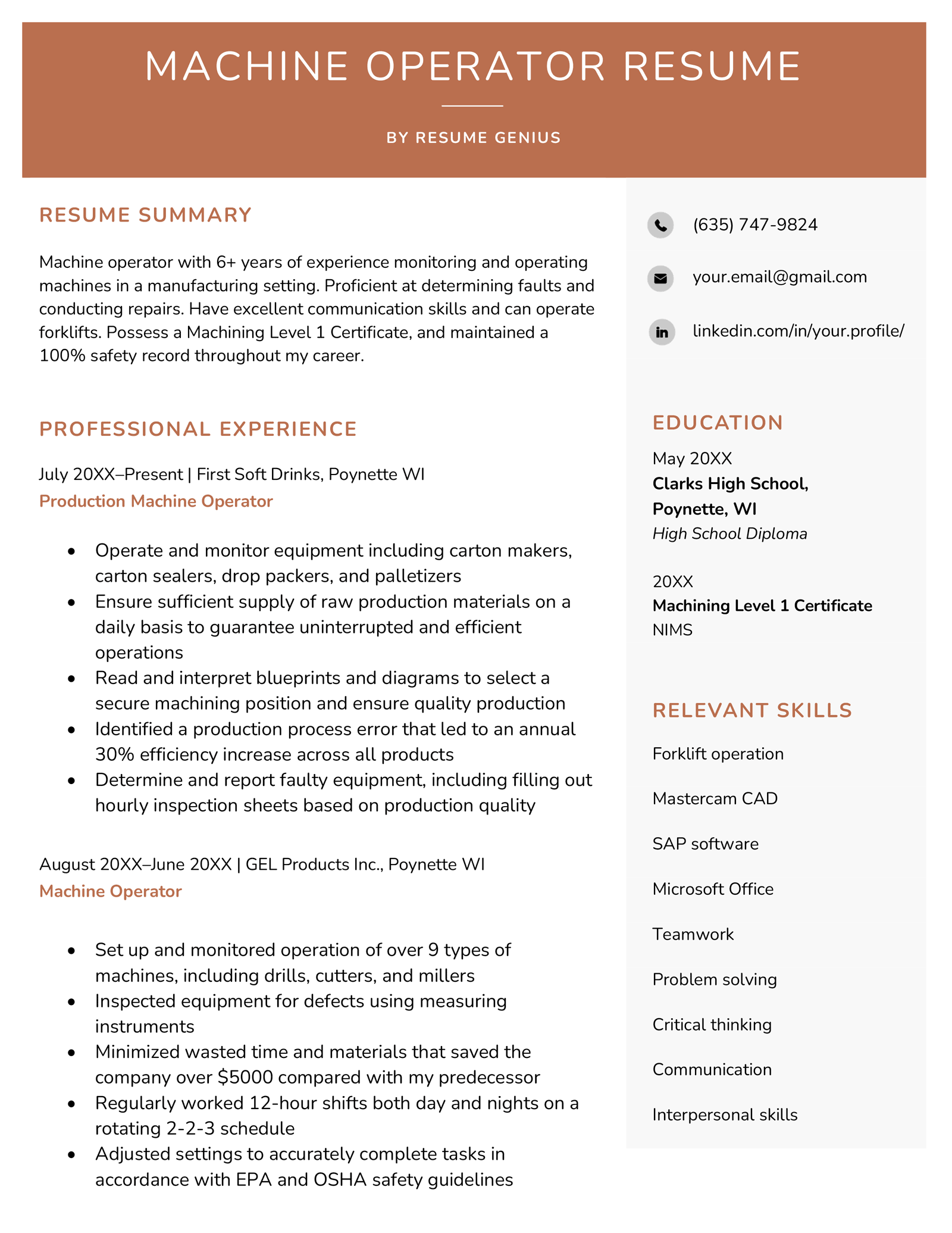 An example of a machine operator resume
