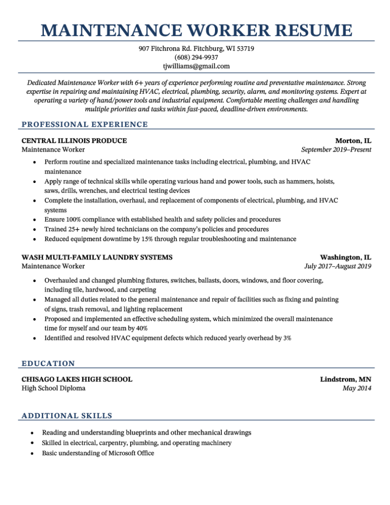 Maintenance Worker Resume [Sample & How to Write] Resume Genius