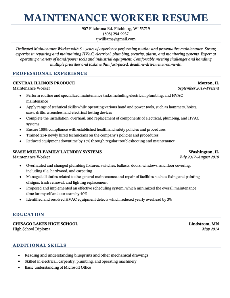 A resume example for a maintenance worker on a simple template with blue header text.
