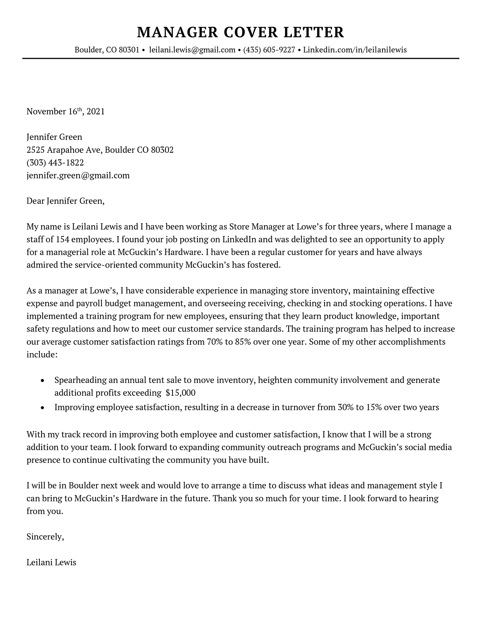 Example of a cover letter for a management position. 