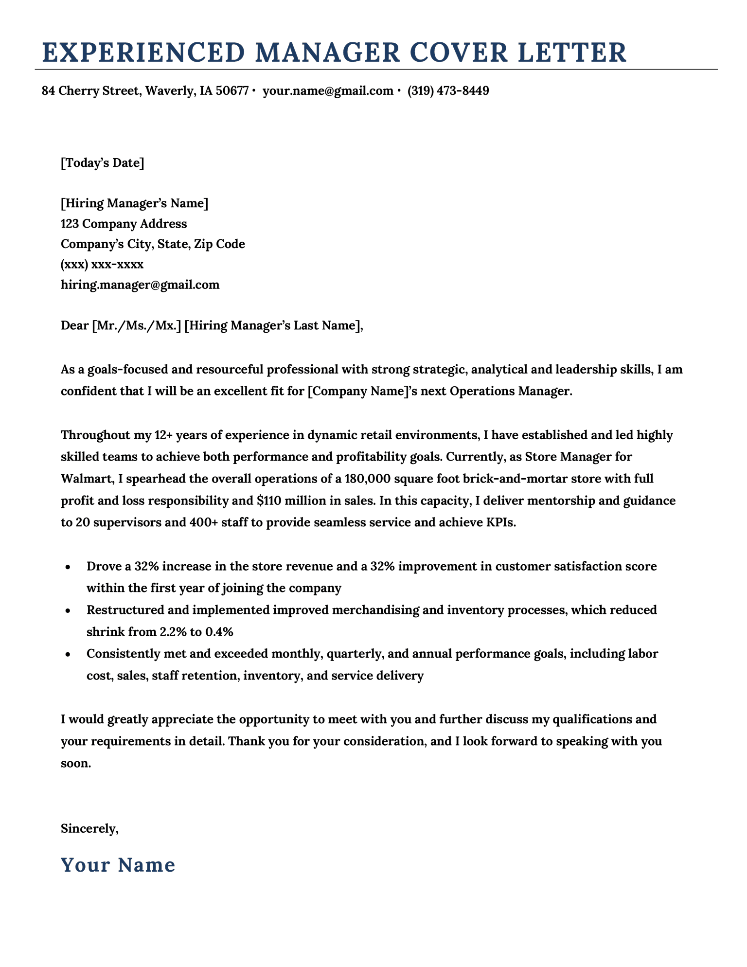 cover letter for top management position