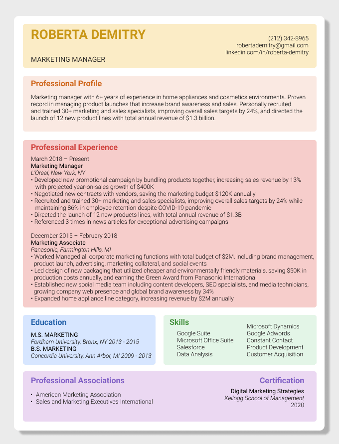 Example of how to layout resume sections for a manager level resume.