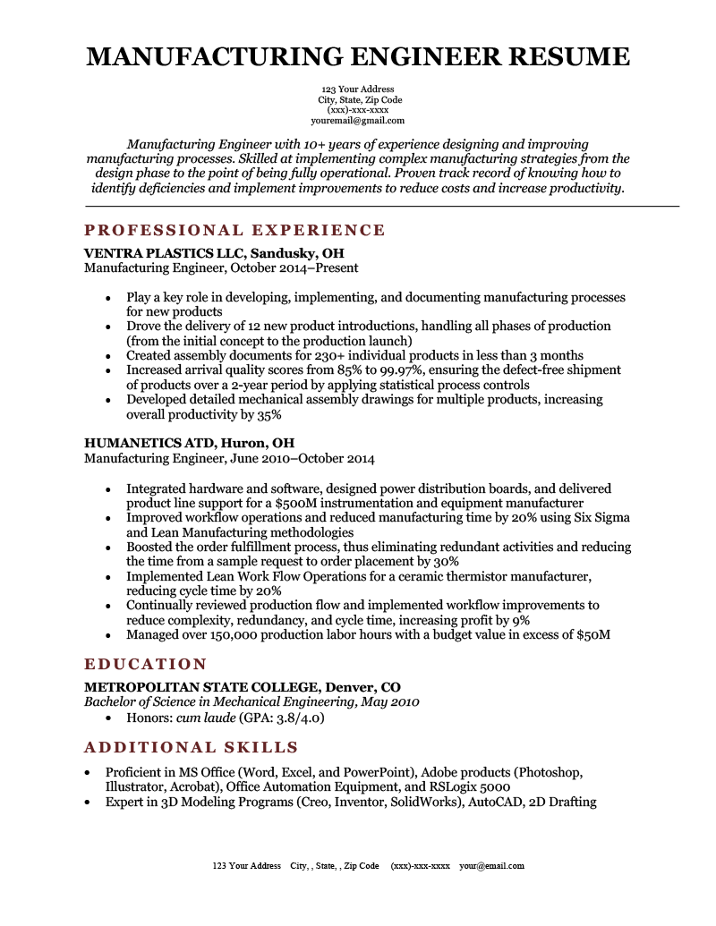 sample resume for quality engineer in manufacturing