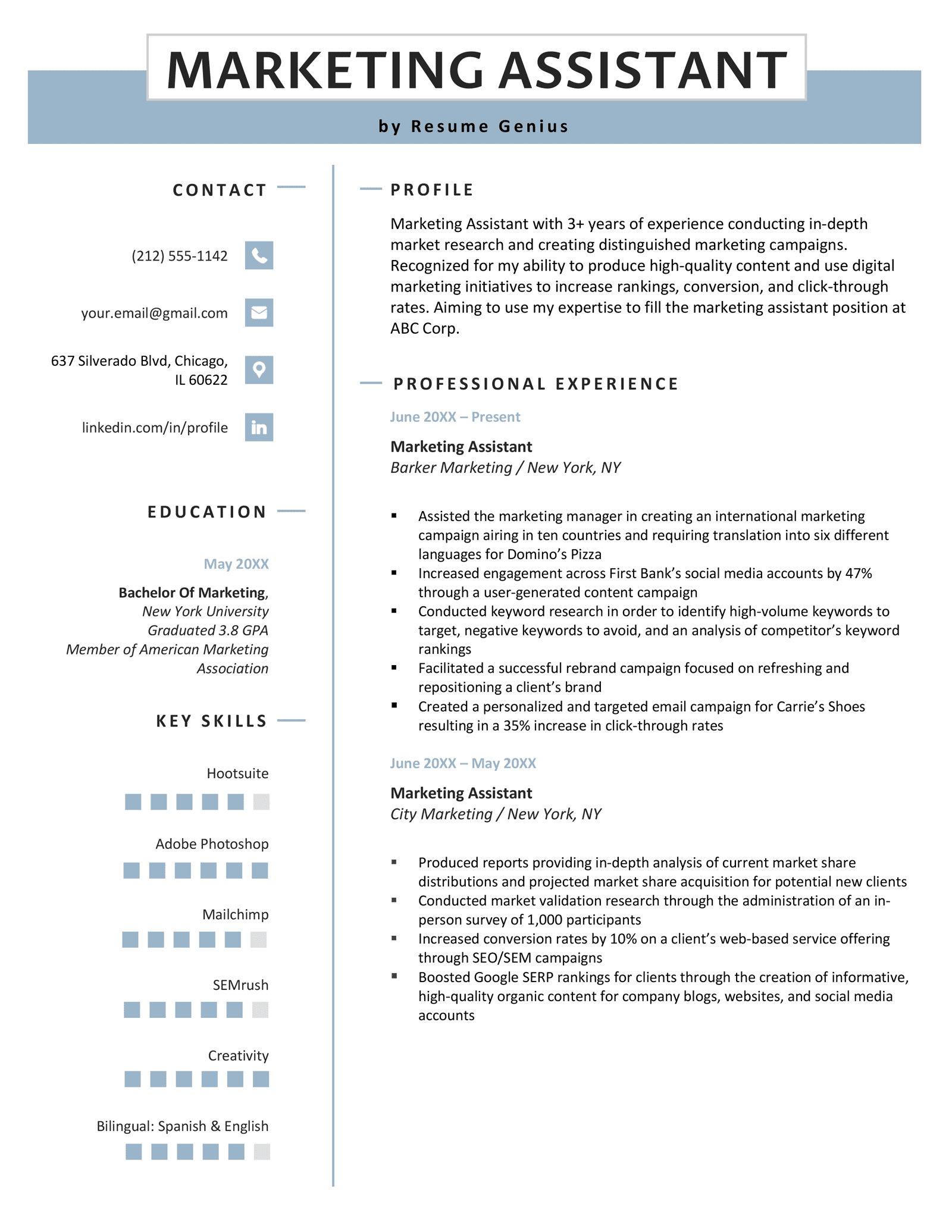 An example of a marketing assistant resume