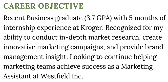 A marketing assistant resume objective example with a green header