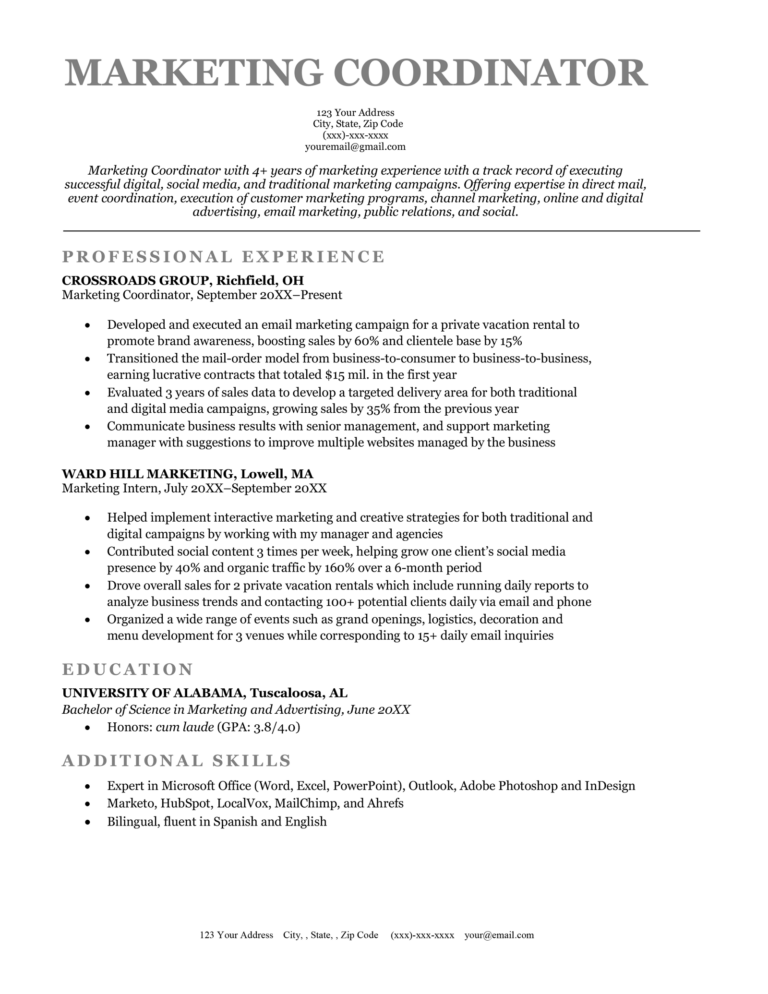 marketing coordinator job description for resume