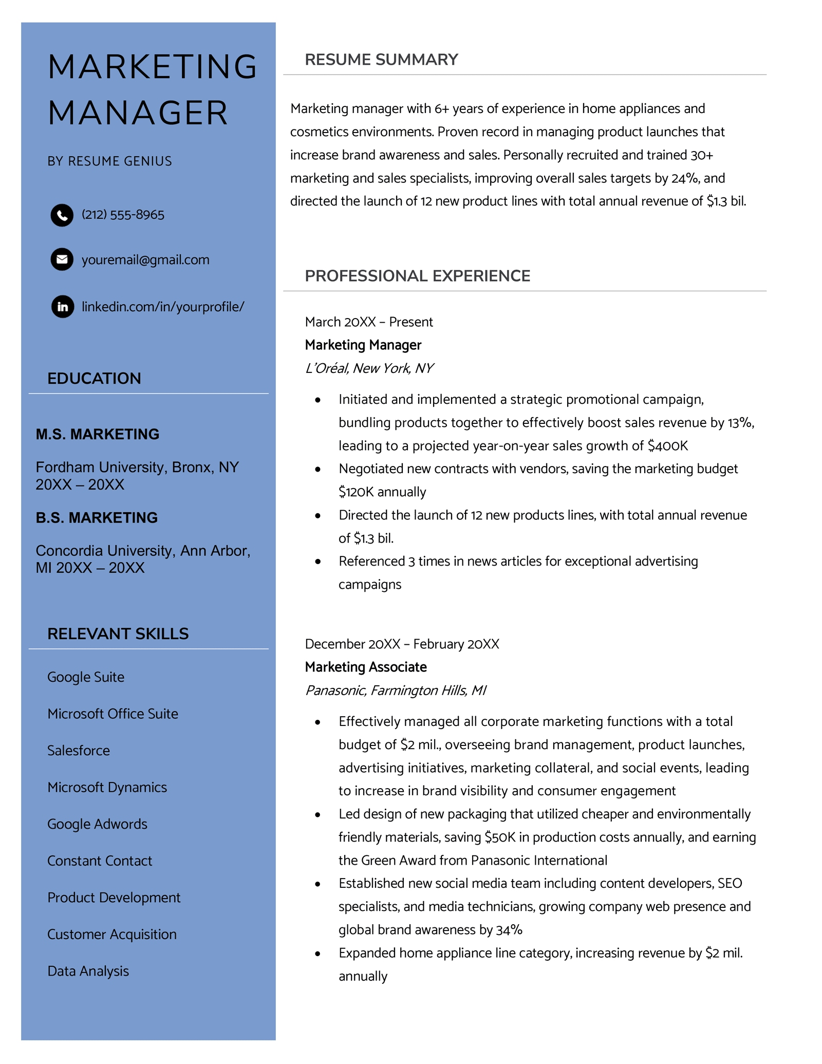 An example of a marketing manager resume