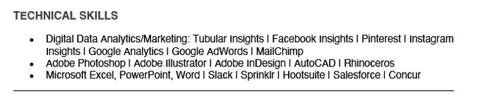 An example of a technical skills section on a marketing resume.