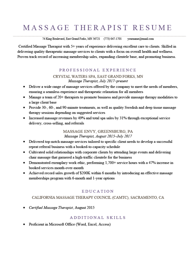 resume objective examples for massage therapist