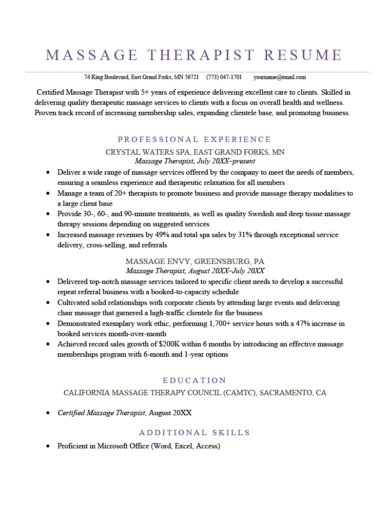 Massage Therapist Resume Sample Template