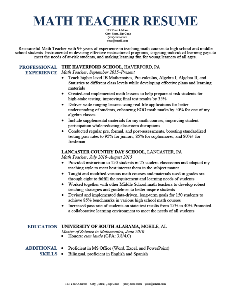 resume objective for teacher math