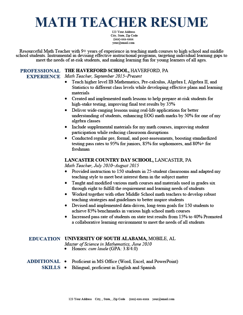 resume format for maths teacher job