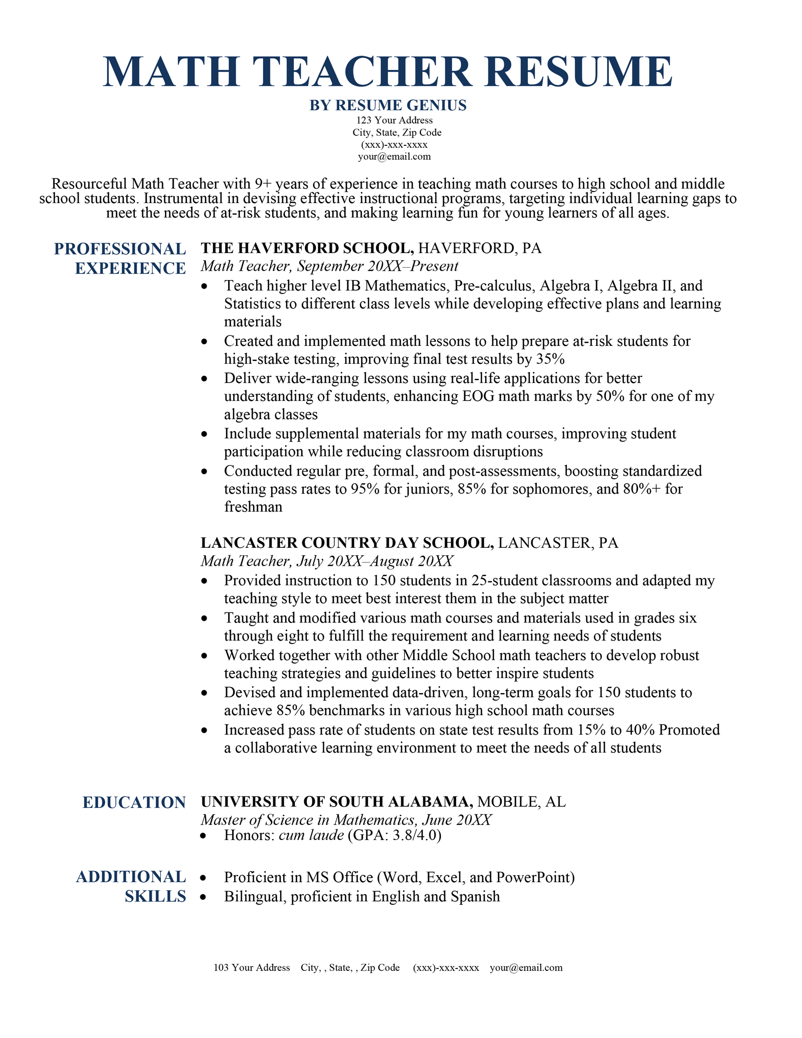 Math Teacher Resume Sample