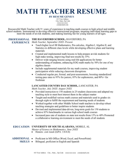 Math Teacher Resume Template