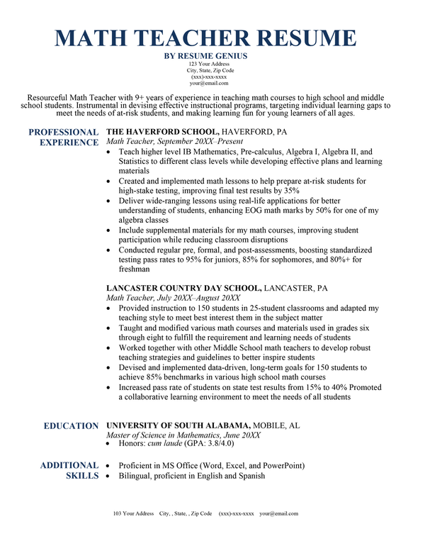 Math Teacher Resume Template