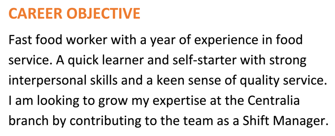 A fast food resume objective example with an orange header