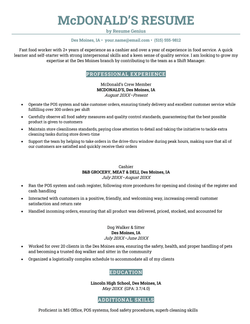A McDonald's Crew Member resume sample