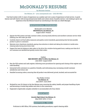 A McDonald's Crew Member resume sample