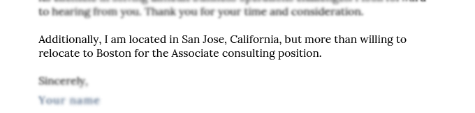 An example of how to describe your willingness to relocate on a McKinsey cover letter