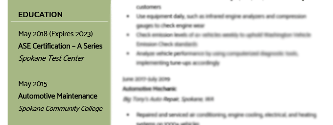 An example of a education section on a mechanic resume