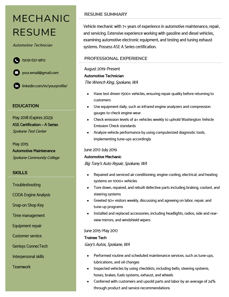 An example of a mechanic resume