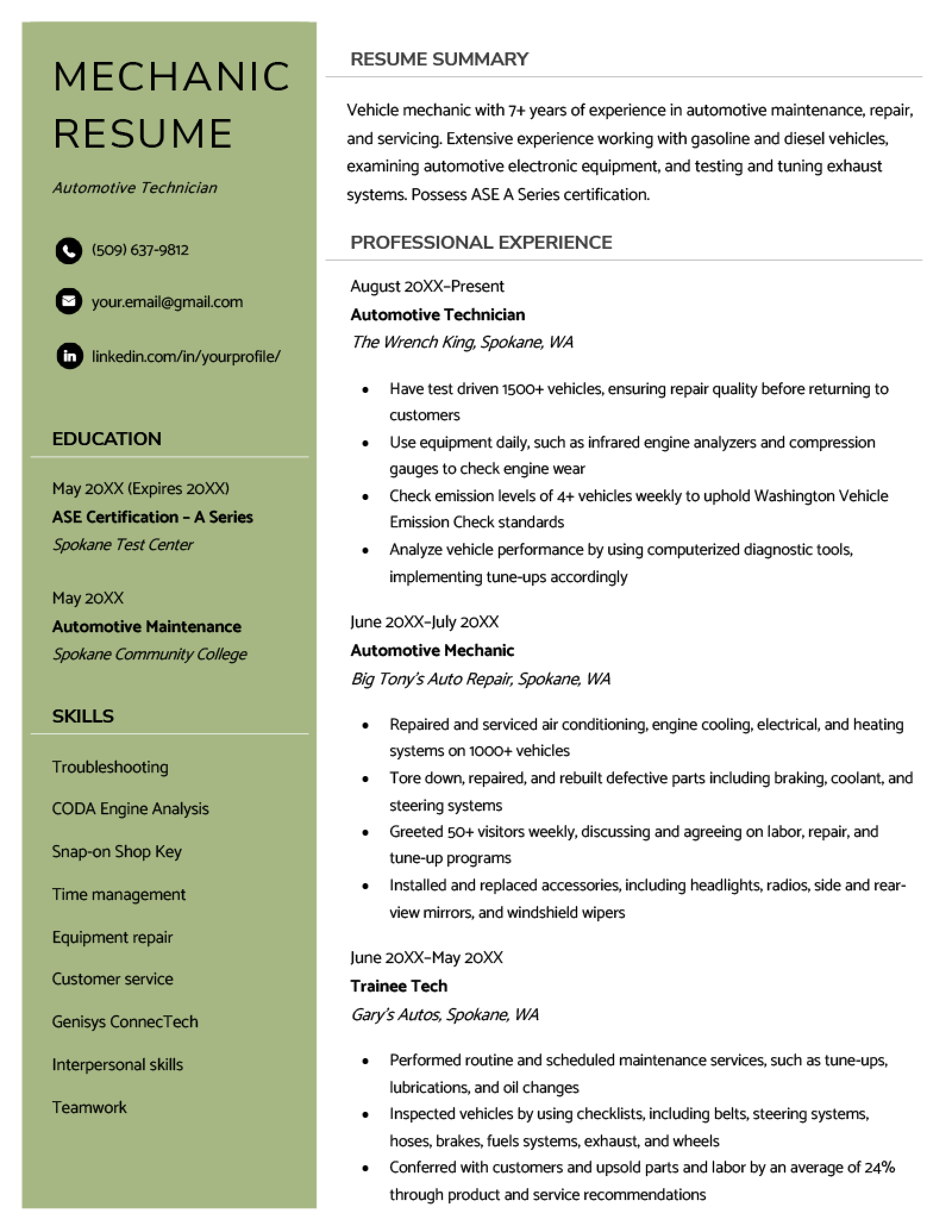 An example of a mechanic resume