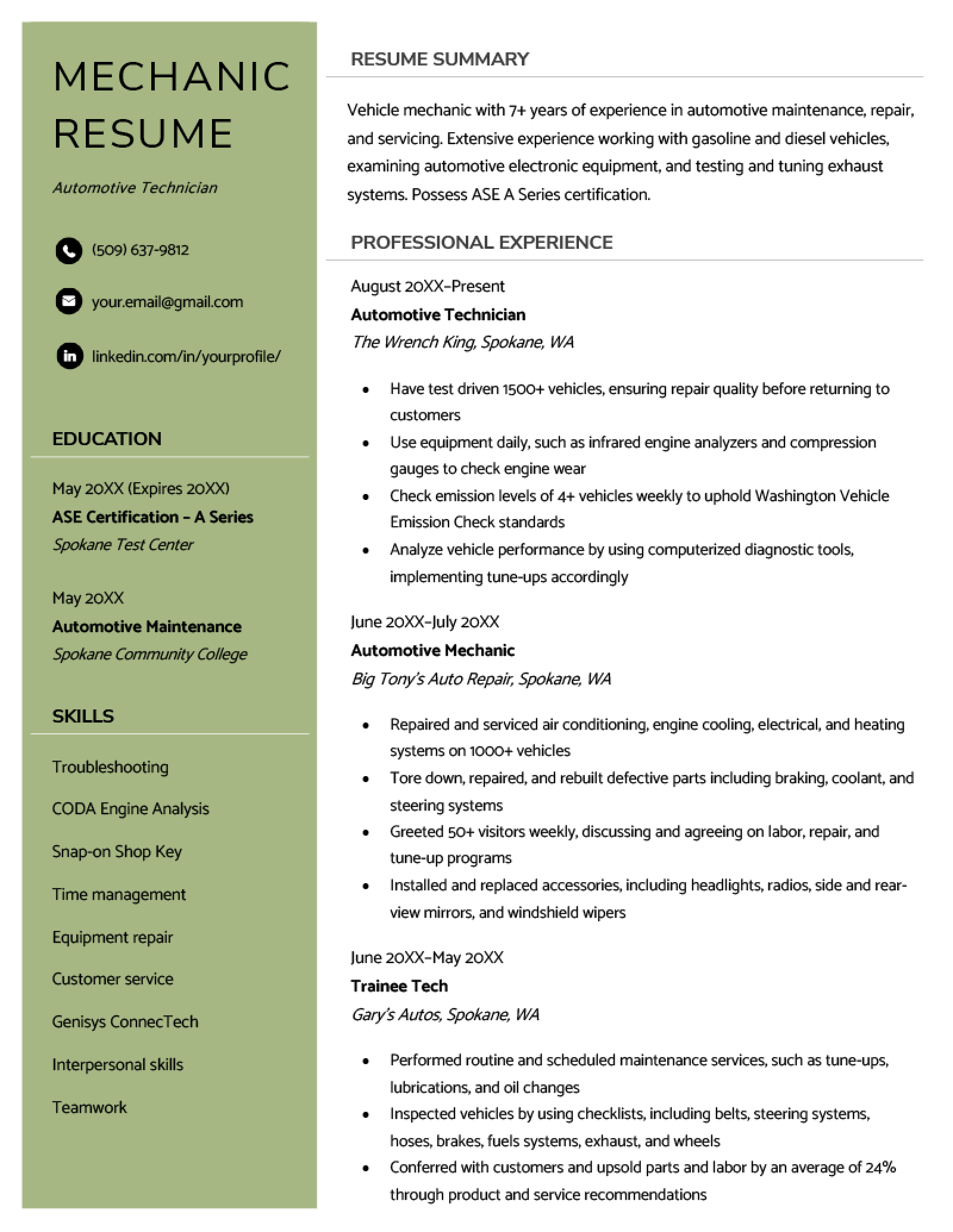 Mechanic Resume Examples and Template for 2026