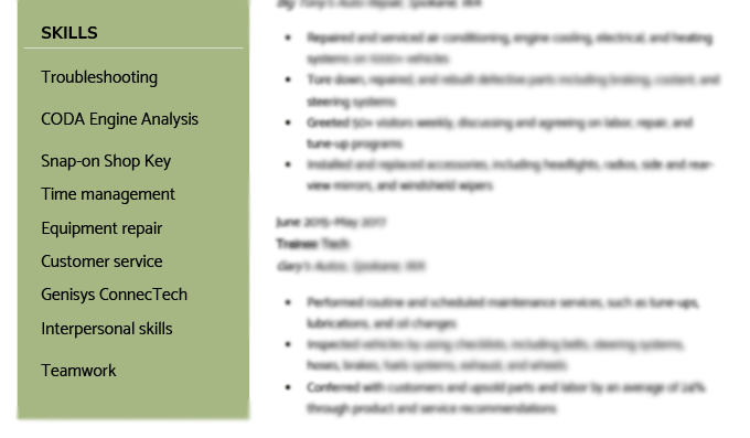 An example of a skills section on a mechanic resume