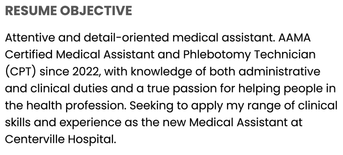 A medical assistant resume objective example with a gray header