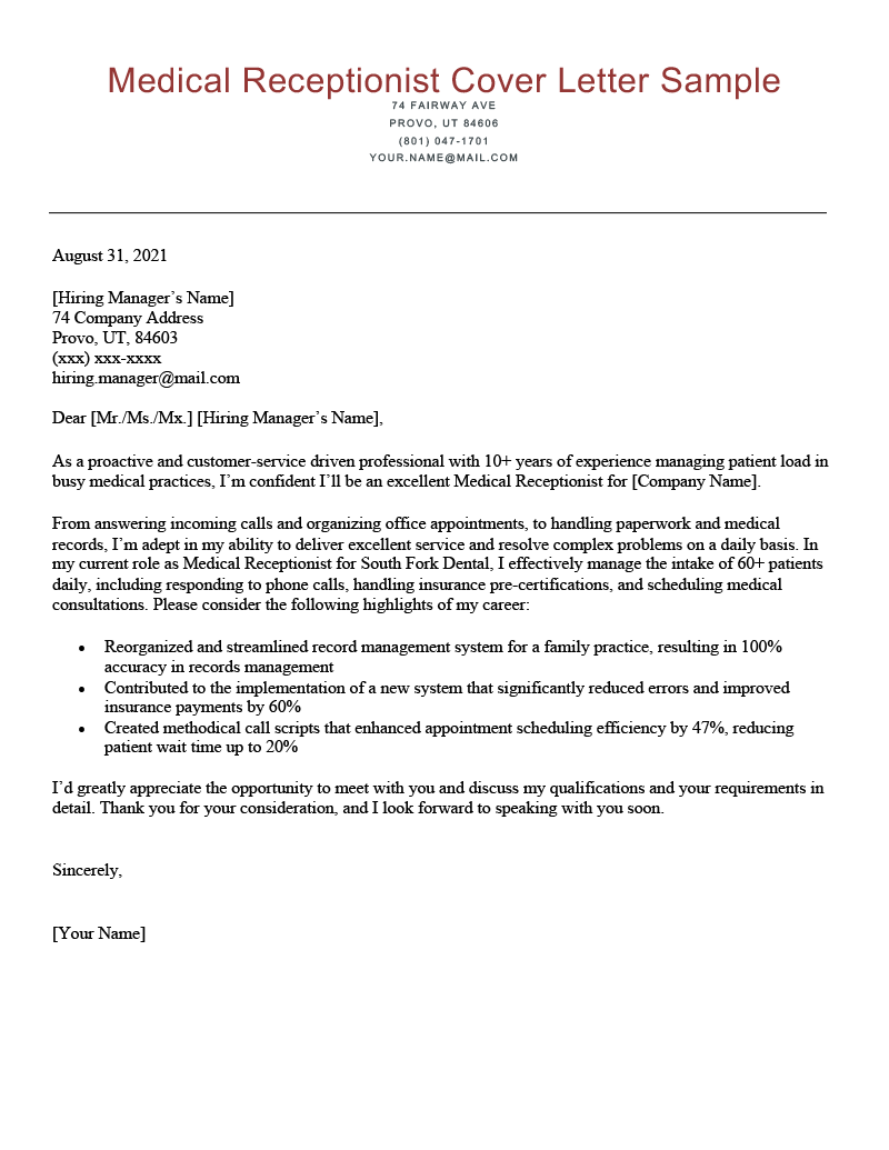 Medical Receptionist Cover Letter Sample Template