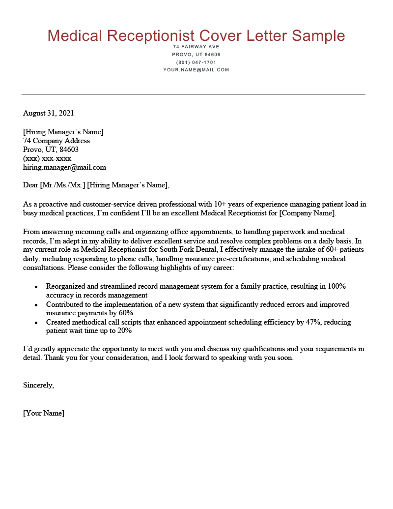 application letter for a hotel receptionist without experience