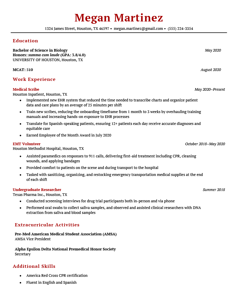 An example of a medical school resume with red and black text