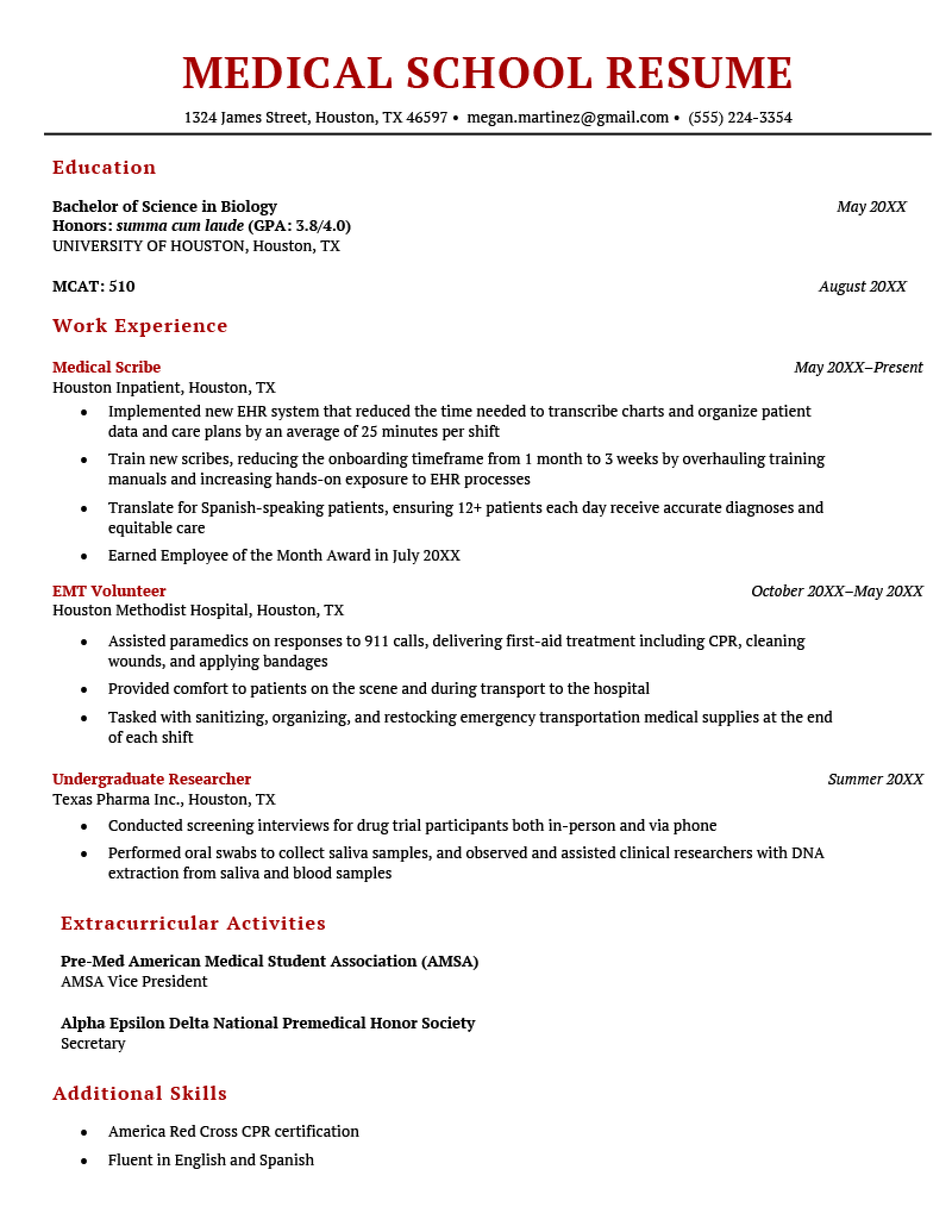 Comment Faire Votre CV Parfait 4 Examples   Medical School Resume Example 