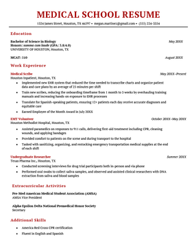 An example of a medical school resume with red and black text