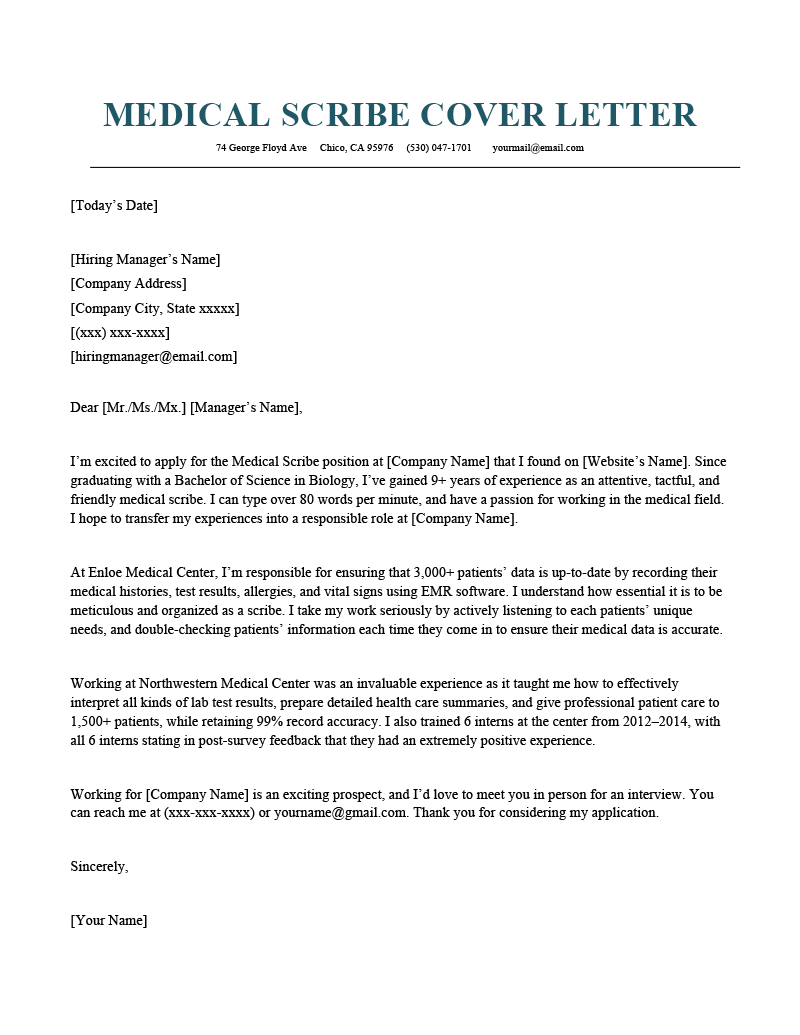 Medical Scribe Cover Letter Sample Template