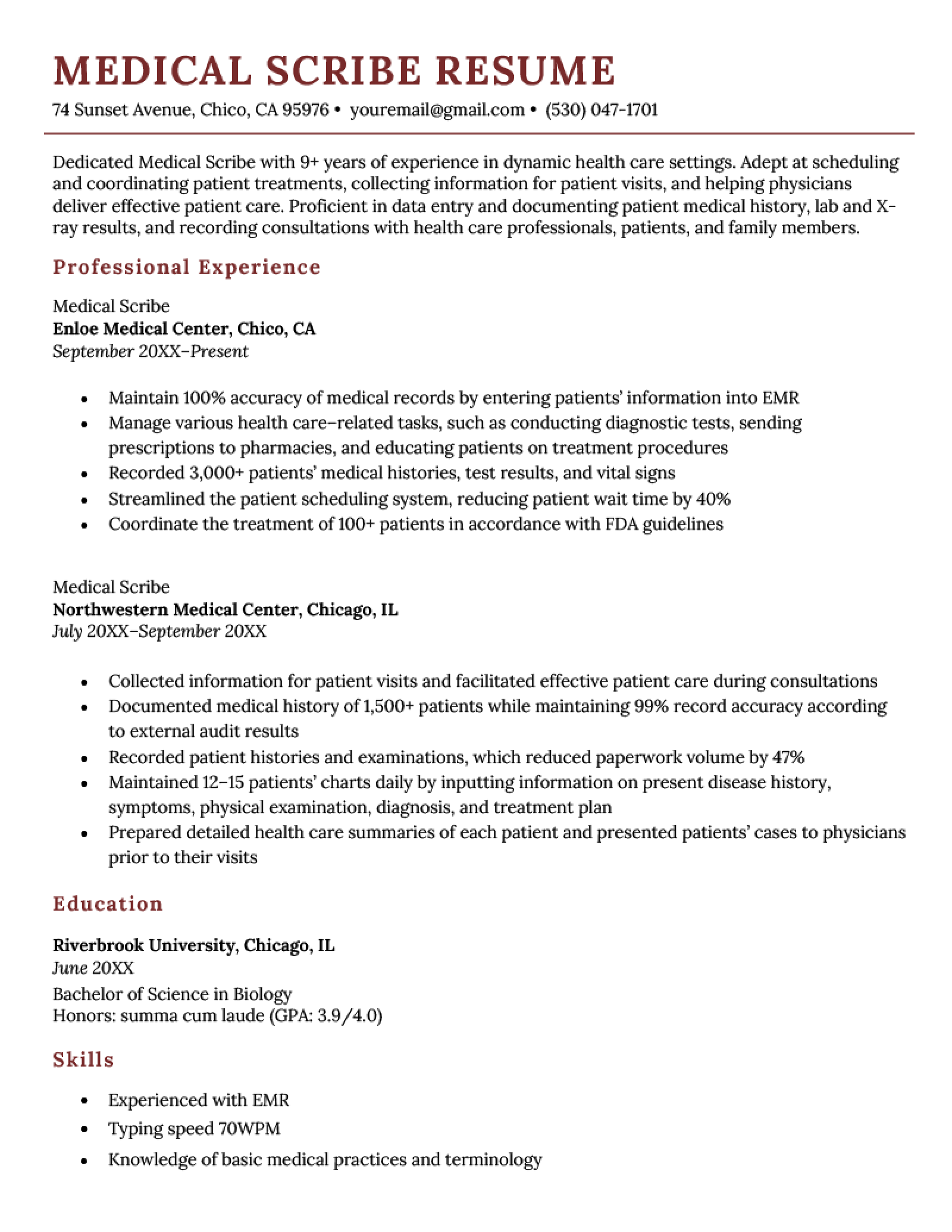 Medical Scribe Resume Sample Template