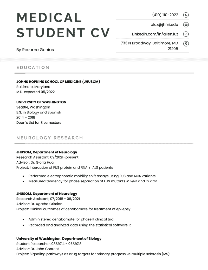 Medical student CV sample
