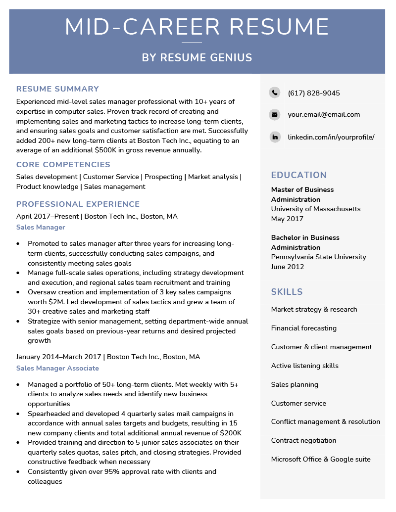 An example of a mid-career resume written by a sales manager with over 10 years of work experience