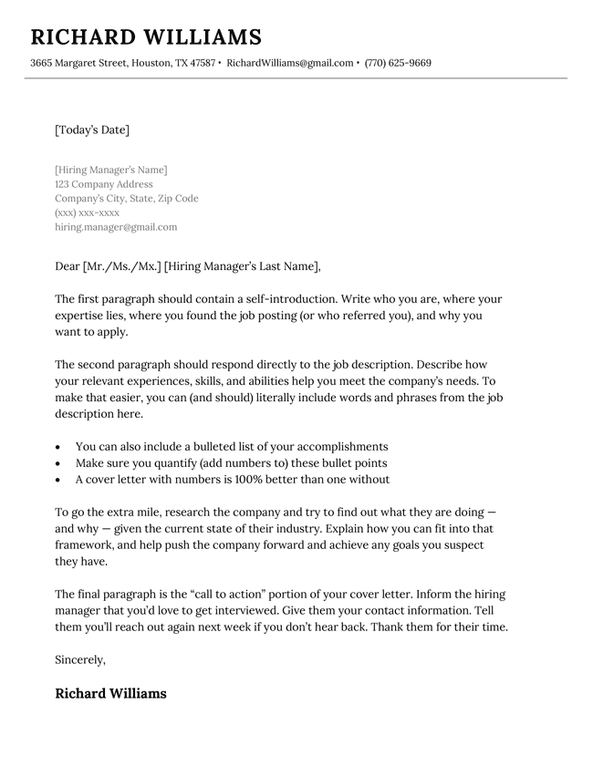 The Milano cover letter template in black