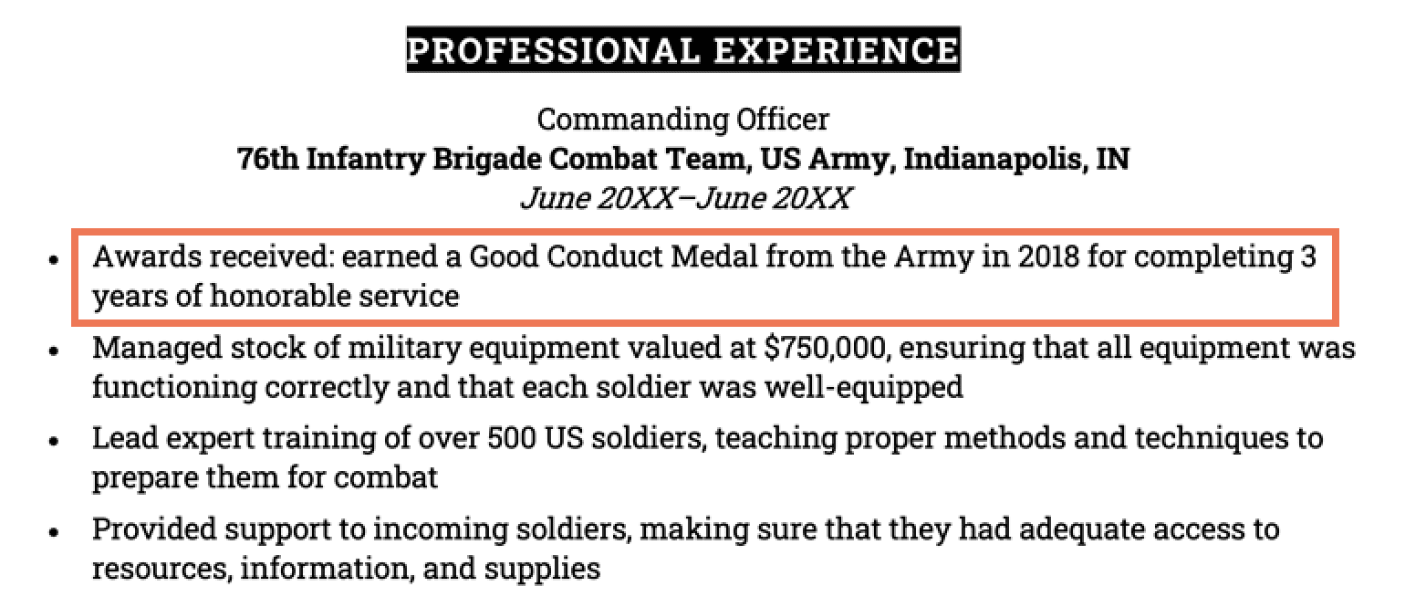 Example of a military award listed on a resume