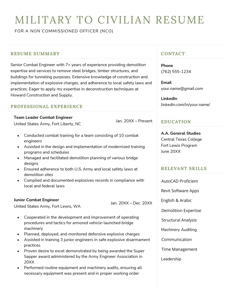 resume summary examples for military
