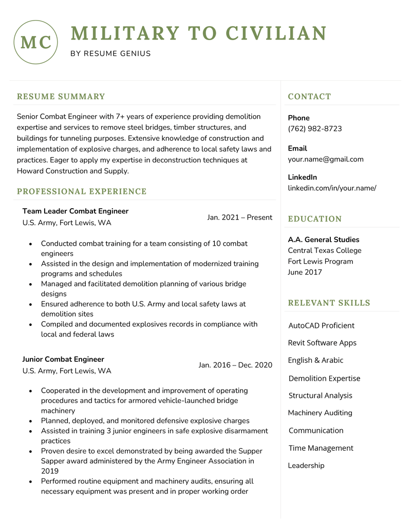 An example of a military to civilian resume