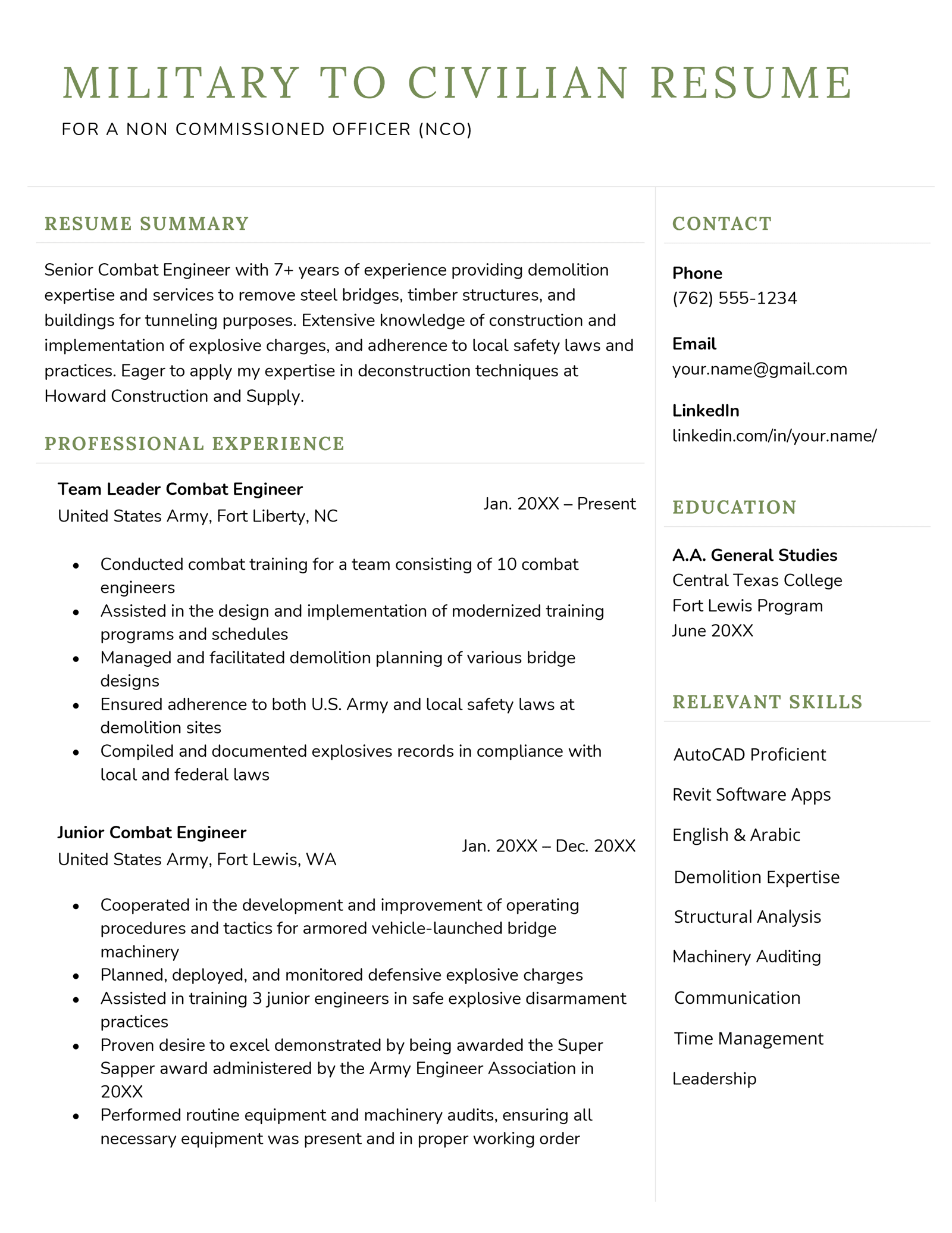 An example of a military to civilian resume