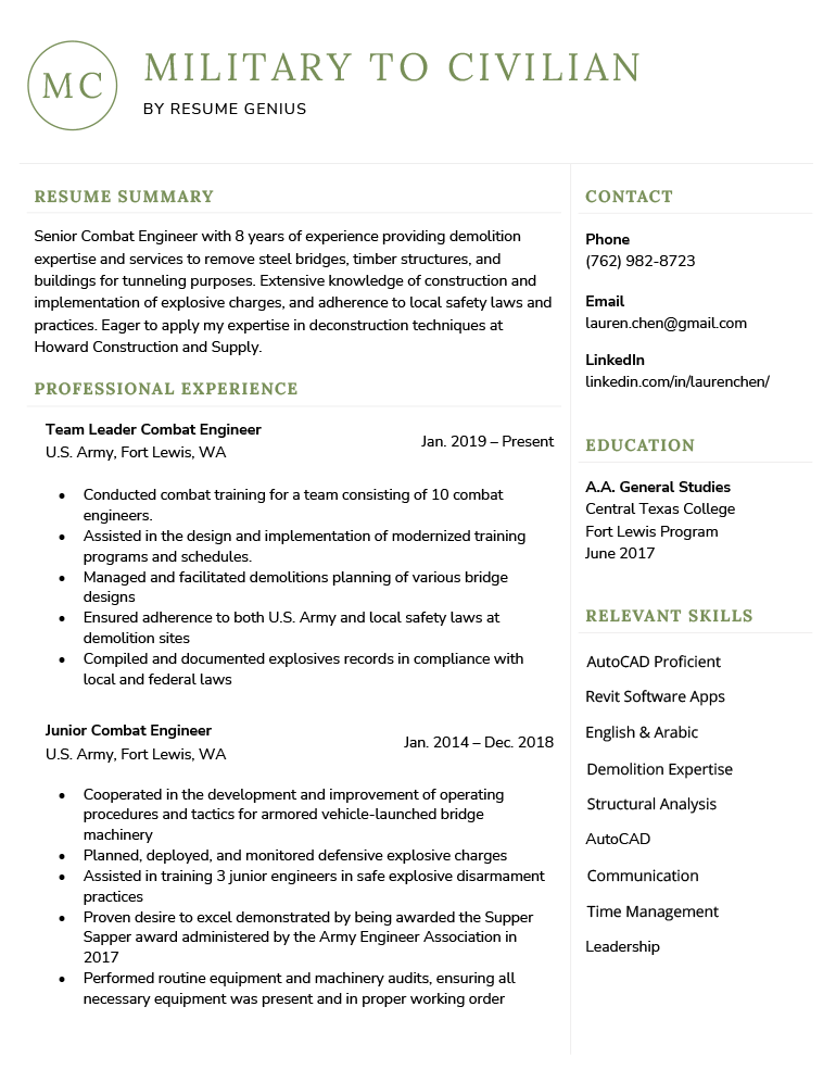 An example of a resume template for Word designed for people transitioning from the military to civilian life
