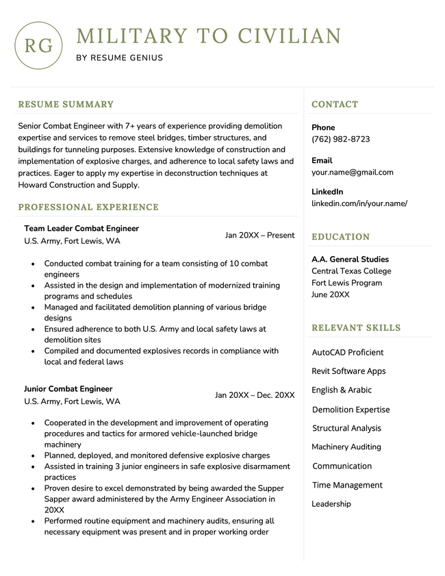 An example of a resume template for Word designed for people transitioning from the military to civilian life
