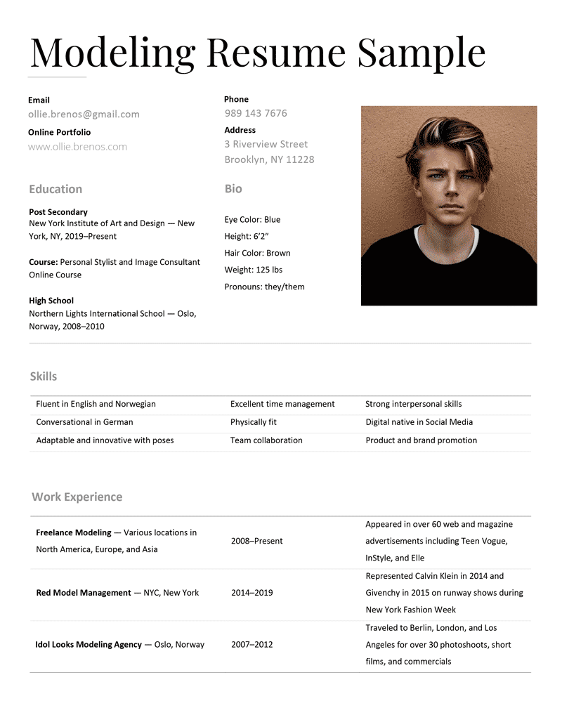 A model resume sample with an image in the top-right corner and simple formatting for the applicant's modeling qualifications